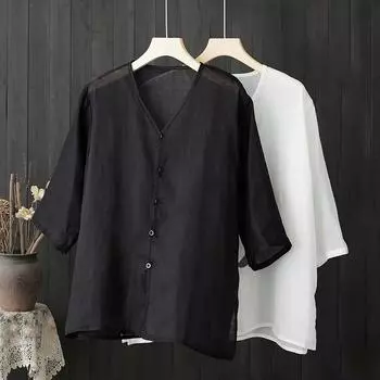 Летняя тонкая хлопковая льняная блузка, свободный крой, большой V-образный вырез, средний рукав, маленькая рубашка, легкая и тонкая рубашка для женщин M белый