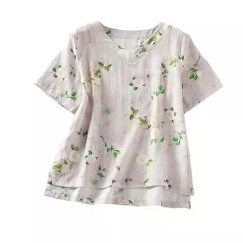 Летняя тонкая хлопковая льняная рубашка в стиле ретро с V-образным вырезом, свободный художественный пуловер, рубашка-топ для женщин M