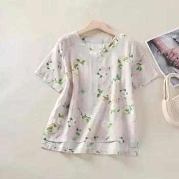 Летняя тонкая хлопковая льняная рубашка в стиле ретро с V-образным вырезом, свободный художественный пуловер, рубашка-топ для женщин M