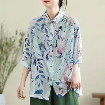 Летняя тонкая хлопковая льняная рубашка, винтажные шикарные свободные повседневные рубашки с рукавами три четверти, женские топы на пуговицах с лацканами L