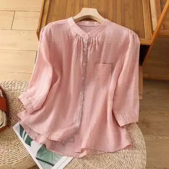 Летняя тонкая художественная ретро свободная повседневная однотонная рубашка с воротником-стойкой для женщин M белый