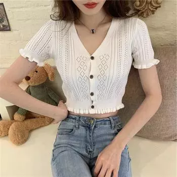 Летняя тонкая короткая рубашка Wild, тонкий полый женский свитер с короткими рукавами и v-образным вырезом белый