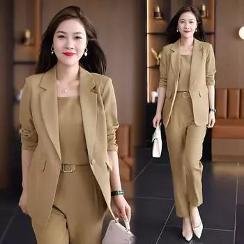 Летняя тонкая куртка, блейзер, повседневные брюки-карандаш, жилет, комплект из трех предметов, элегантный женский комплект со штанами, офисная одежда, деловая одежда XXL хаки