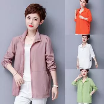 Летняя тонкая куртка для мам среднего возраста, корейская свободная одежда с воротником-стойкой на молнии, солнцезащитная одежда, женское повседневное солнцезащитное пальто 5XL 5XL