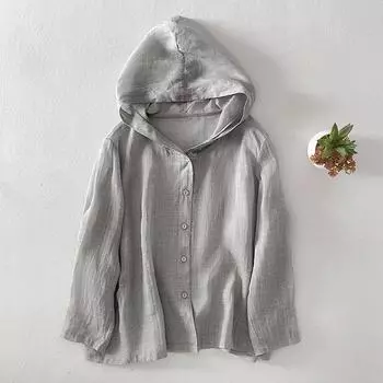 Летняя тонкая льняная толстовка с капюшоном для женщин больших размеров, элегантная свободная повседневная рубашка для отдыха с защитой от солнца и кондиционером XS серый