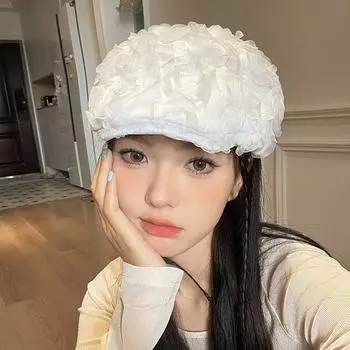 Летняя тонкая марлевая трехмерная шляпа с розой спереди для женщин 2024 года, новый нишевый дизайн, высококачественный берет M56-58cm белый