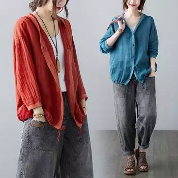 Летняя тонкая ретро хлопковая льняная рубашка-кардиган женская свободная художественная рубашка с кондиционером солнцезащитная блузка 2XL оранжево-красный