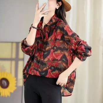 Летняя тонкая ретро-рубашка с принтом и длинными рукавами, женская рубашка One Size