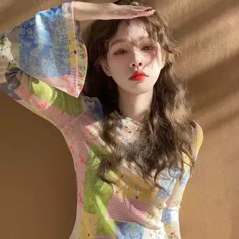 Летняя тонкая сетчатая кофта с расклешенными рукавами, длинными рукавами и принтом для защиты от солнца в корейском стиле, облегающая, модная накидка для женщин S