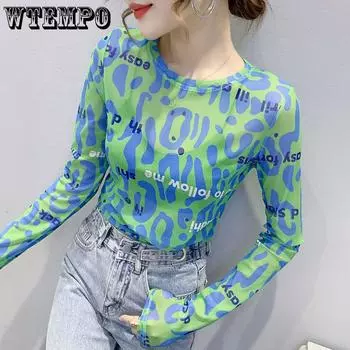 Летняя тонкая сетчатая нижняя рубашка с буквенным принтом, футболка с длинными рукавами, женский большой топ S синий