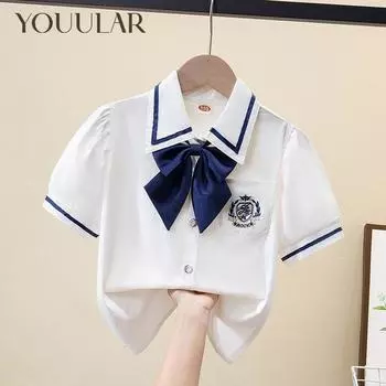 Летняя тонкая школьная форма с короткими рукавами для девочек, студентка, белая рубашка, верхняя рубашка 110