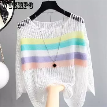 Летняя тонкая свободная футболка со средним рукавом в полоску, вязаный свитер с цветными блоками, женский свитер в стиле ретро S оранжевый