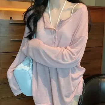 Летняя тонкая свободная повседневная футболка с длинным рукавом, женская футболка с V-образным вырезом и длинным рукавом больших размеров, элегантные однотонные женские футболки с круглым вырезом 25982 M кофейный