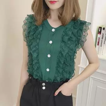 Летняя тонкая трикотажная футболка на пуговицах, женская футболка, кружевная лоскутная женская футболка без рукавов, одежда One Size чёрный