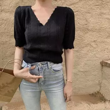 Летняя тонкая трикотажная женская футболка с v-образным вырезом, однотонная утягивающая футболка с короткими рукавами в корейском стиле