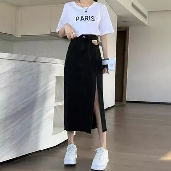 Летняя тонкая юбка с открытой вилкой и высокой талией, свободная, тонкая, универсальная, с волосатой стороной, длинная, удобная, модная, джинсовая юбка-бюстье S светло-синий