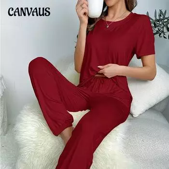 Летняя тонкая удобная пижама женская молочная шелковая домашняя одежда брюки с короткими рукавами закрытый однотонный костюм для отдыха S красный