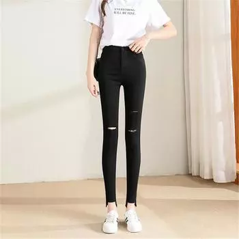 Летняя тонкая верхняя одежда с высокой талией, обтягивающие эластичные черные брюки-карандаш для маленьких ног, женские брюки S чёрный