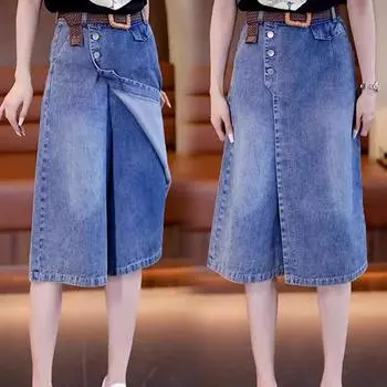 Летняя тонкая женская брючная юбка с шестью точками, высокая талия, свободные широкие брюки XXXL синий