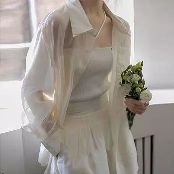 Летняя тонкая женская рубашка с защитой от солнца, однотонная свободная французская женская блузка с длинными рукавами, дышащий удобный топ с лацканами S