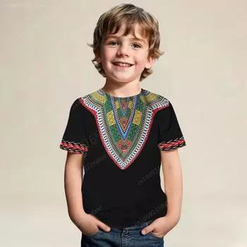 Летняя традиционная африканская футболка, детская рубашка дашики для мужчин, короткий рукав, футболка для мальчиков, одежда для девочек, униформа в этническом стиле 100cm