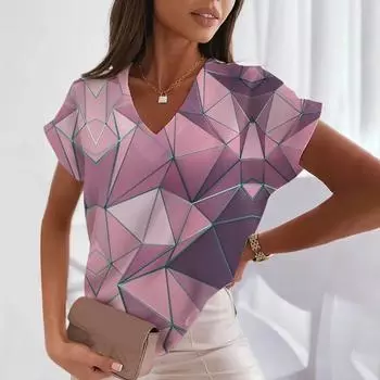 Летняя трендовая футболка с V-образным вырезом, уличный стиль, модная женская свободная мода, индивидуальный геометрический узор, топ с короткими рукавами S