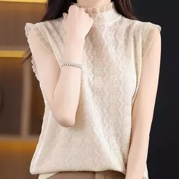 Летняя трикотажная блузка без рукавов, женская рубашка с рюшами и стойкой из органзы, женская рубашка, однотонные тонкие кружевные топы с вышивкой 27218 One Size абрикосовый