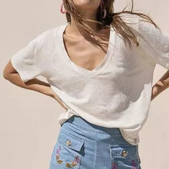 Летняя трикотажная футболка свободного кроя из конопли и бамбука с глубоким V-образным вырезом для женщин - европейский и американский стиль, пуловер с короткими рукавами. XL