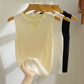 Летняя трикотажная рубашка без рукавов с бисером, женская 2023, топы из ледяного шелка с вырезами, женская повседневная офисная женская тонкая жилетка, блузка 27226 One Size чёрный