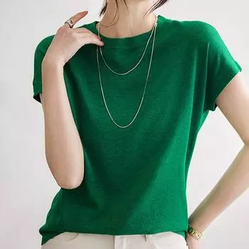 Летняя трикотажная рубашка с коротким рукавом, женская корейская однотонная офисная женская повседневная блузка, женские блестящие тонкие вязаные топы, элегантные 27212 One Size зелёный