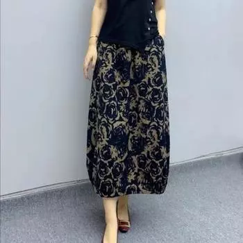 Летняя юбка А-силуэта с высокой талией и эластичным поясом из хлопка и льна с цветочным принтом, юбка средней длины с ретро-принтом XXXL чёрный