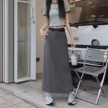 Летняя юбка А-силуэта с высокой талией для женщин - черная и серая, средней длины, облегающая L