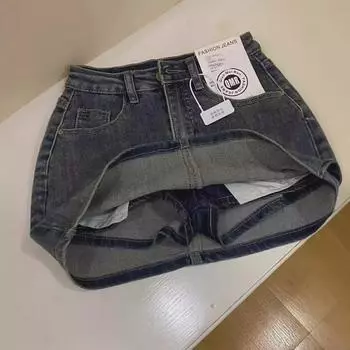 «Летняя юбка из денима с высокой талией и потертостями 2024 года для невысоких женщин — свободная, универсальная, не пропускающая влагу, большой размер» 3XL