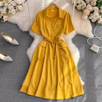 Летняя юбка-колокольчик, корейская версия пузыря, тонкое свободное платье трапециевидной формы с короткими рукавами и завязкой на талии