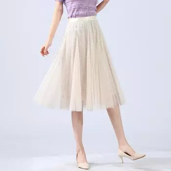 Летняя юбка-плиссе с обхватом груди, средняя и длинная, женская юбка-драпировка с эффектом большого качения, юбка из газа с высокой талией, весна и осень, высокая талия One size (recommended weight 40kg-75kg) абрикосовый