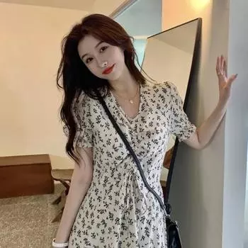 Летняя юбка с цветочным принтом, французское свежее и сладкое платье средней длины с короткими рукавами, платье феи, модная женская одежда XXL белый