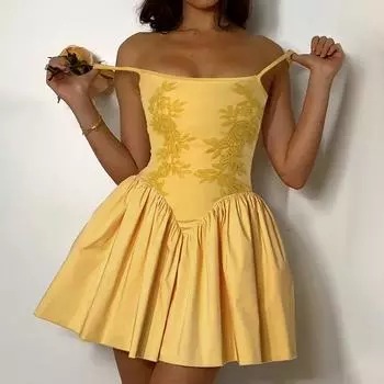 Летняя юбка с сумкой на бедрах, модное качественное кружевное платье с подтяжками и поммелем для женщин S жёлтый