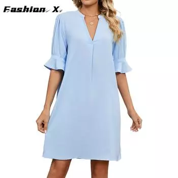 Летняя юбка с v-образным вырезом в Европе и США, свободное усадочное плиссированное платье с пятиминутными рукавами, женское S чёрный