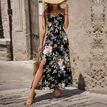 Летняя юбка-трапеция с принтом и разрезом на подтяжках, платье с открытой спиной, повседневные платья S чёрный