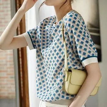 Летняя удобная и мягкая женская футболка с короткими рукавами и круглым вырезом в стиле ретро, модная шелковая футболка с имитацией тутового шелкопряда и ромбовидным принтом XS синий