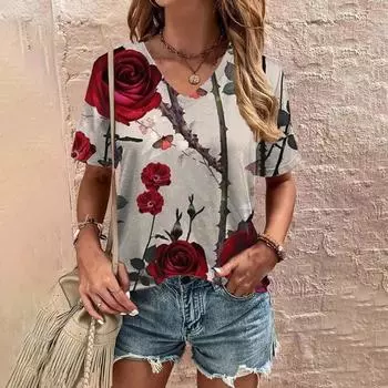 Летняя удобная женская футболка с модным цветочным узором и принтом для отдыха, элегантная футболка с v-образным вырезом, повседневная женская футболка XXS