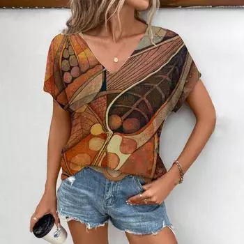Летняя удобная женская футболка с модным западным узором пустыни и принтом для отдыха, элегантная футболка с v-образным вырезом, повседневная женская футболка S