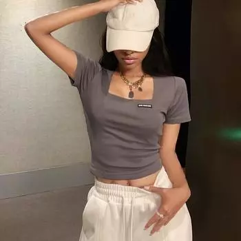 Летняя укороченная футболка с квадратным вырезом, модные женские повседневные сексуальные топы с коротким рукавом, хлопковые офисные женские элегантные женские футболки, женские облегающие простые футболки белый