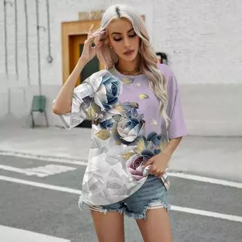 Летняя уличная мода футболка с круглым вырезом, новая плоская цветочная печать женская элегантная и удобная женская свободная футболка с коротким рукавом S