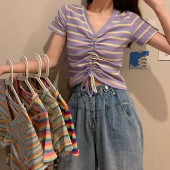 Летняя уличная мода, футболки в радужную полоску, милые топы, трикотажная повседневная блузка с v-образным вырезом и шнурком, топы Omighty на выход S темно-синий
