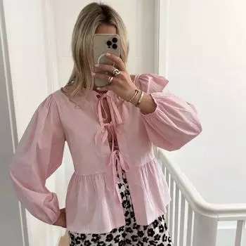 Летняя уличная модная женская блузка, повседневная рубашка с длинным рукавом и галстуком-бабочкой на шнуровке, топы, женские офисные элегантные сексуальные рубашки с круглым вырезом 24427 S белый