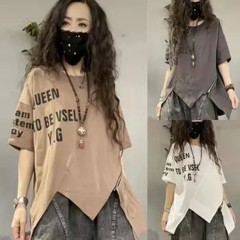 Летняя уличная одежда с буквенным принтом, нерегулярные футболки на молнии, женские свободные повседневные универсальные пуловеры с круглым вырезом, женская футболка S белый