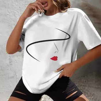 Летняя уличная повседневная удобная повседневная женская футболка модная и минималистичная с нарисованным от руки портретом и круглым вырезом S