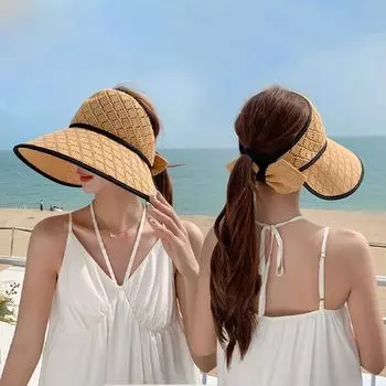 Летняя уличная солнцезащитная шляпа, пляжная шляпа, женская шляпа от солнца с бантом и большими полями, панамская кепка с хвостиком чёрный