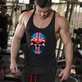 Летняя уличная тенденция, хлопковая свободная майка с принтом черепа, персонализированные жилеты для фитнеса, бодибилдинга, хлопковая дышащая майка-стрингер M чёрный